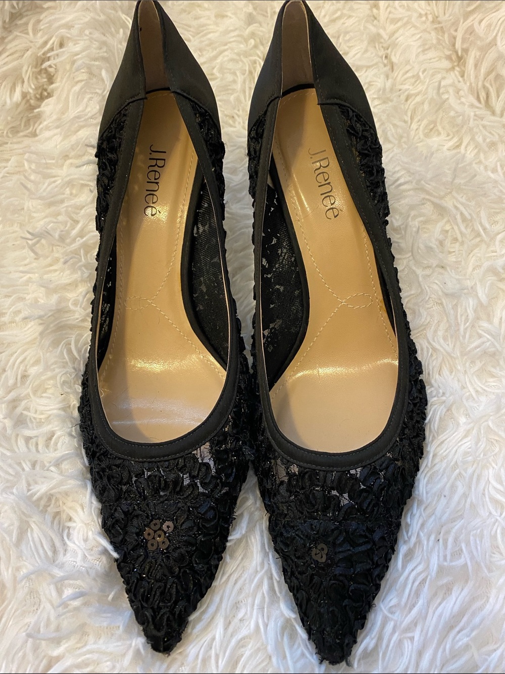 Rene Caovilla Black Pointed Toe Sequin Lace Heels
